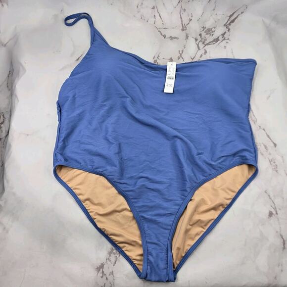 J Crew One Piece One Shoulder Strap Blue Ribbed Bikini Swim Suit High Cut - Picture 1 of 12